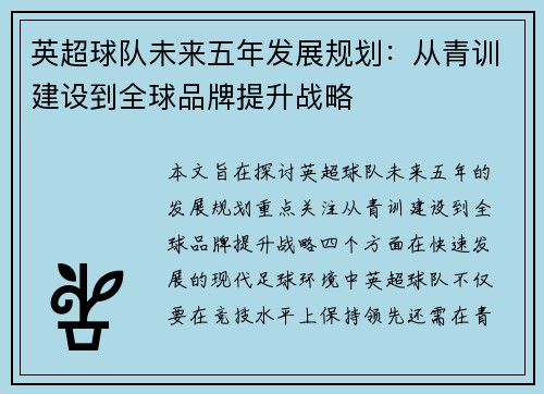 英超球队未来五年发展规划：从青训建设到全球品牌提升战略