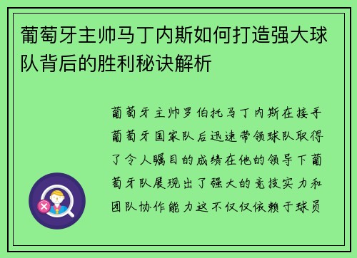 葡萄牙主帅马丁内斯如何打造强大球队背后的胜利秘诀解析